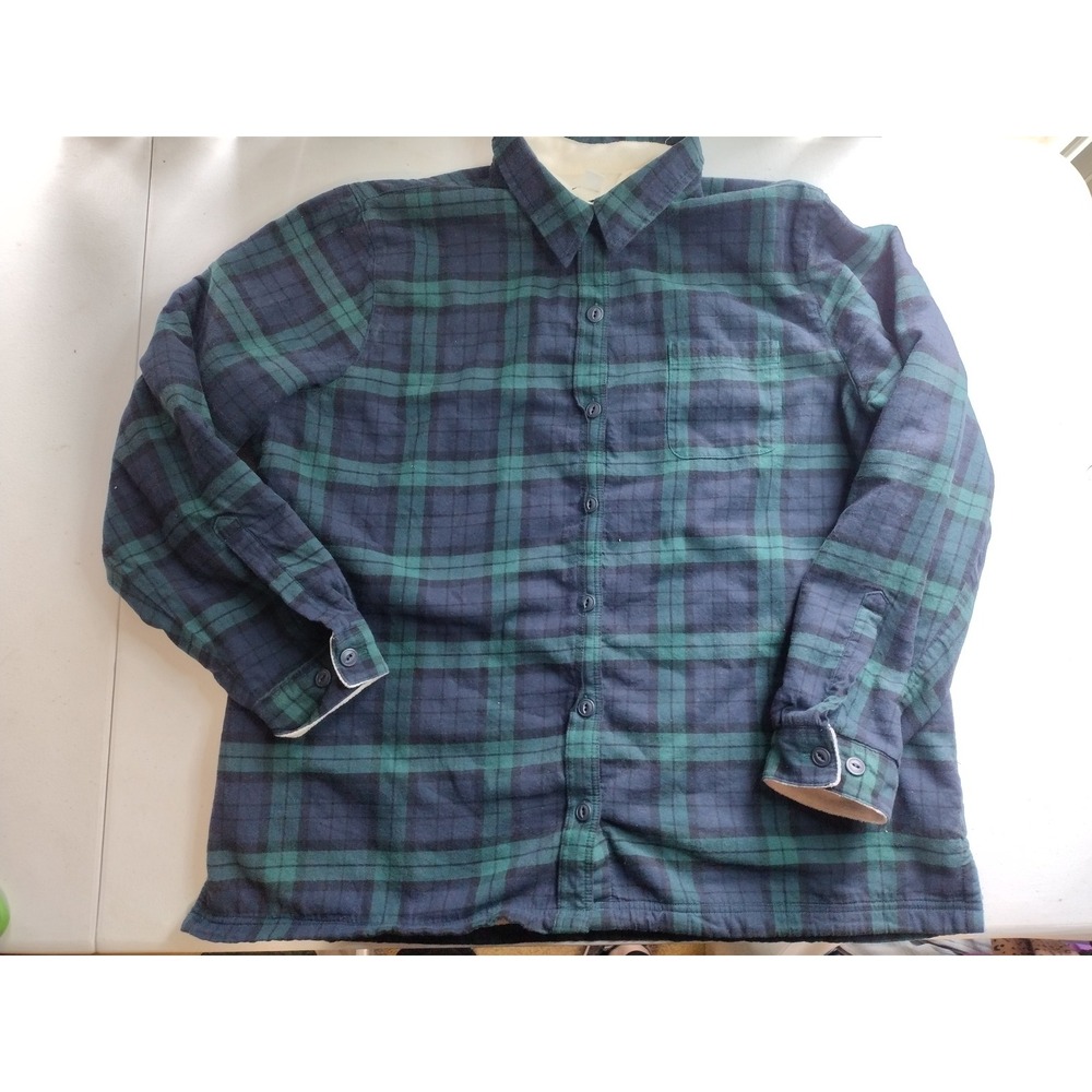 LL Bean Fleece Lined Flannel Shirt Jacket XL Green Blue‎ Plaid Mens
